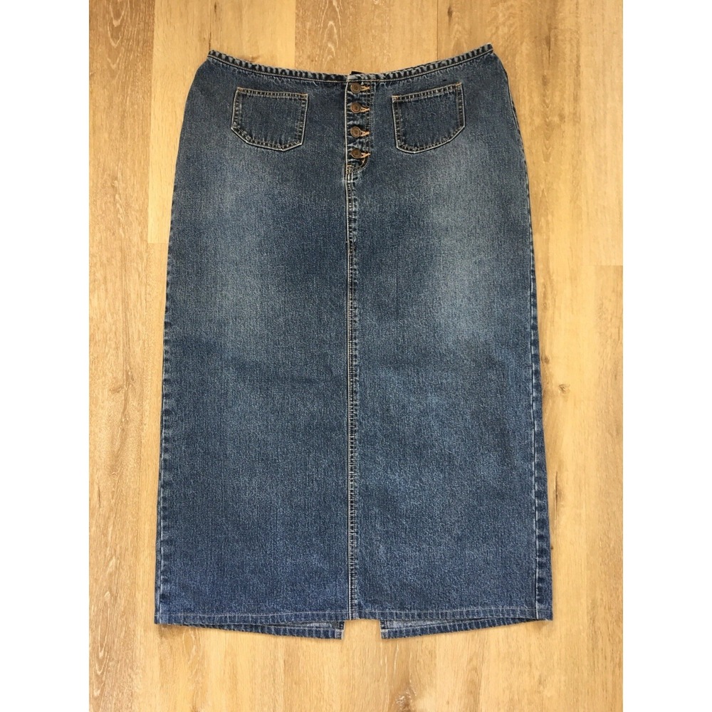 Denim Midi Skirt Size‎ 16 Button Front Slit Modest Minimalist Classic Jean Skirt